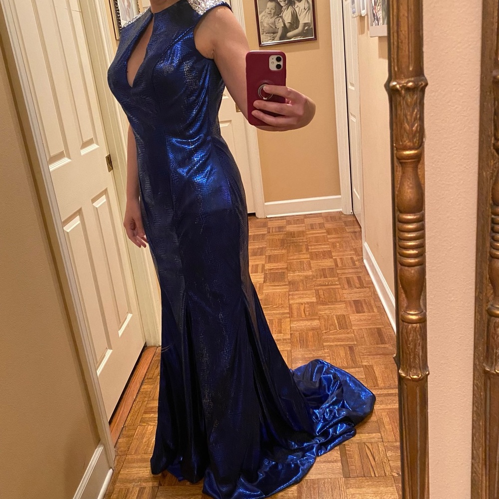 SOLD Blue Metallic Python Print Lame’ Formal